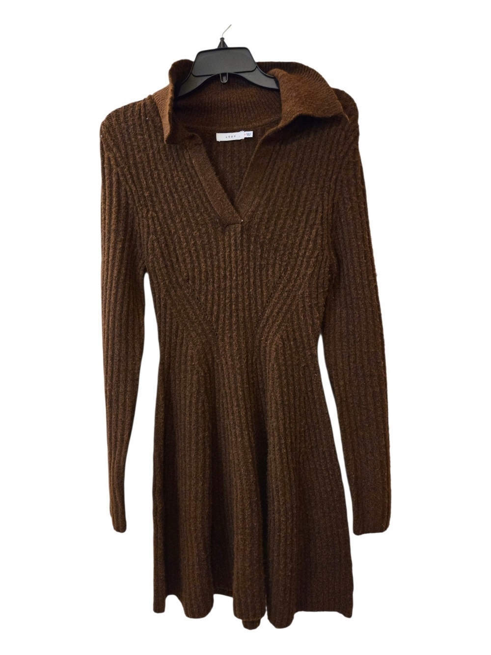 Lush Long Sleeve Brown Ribbed Collared Knit Sweater Dress Size M New  -Mini